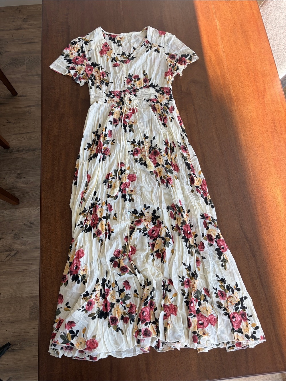 White Floral Maxi Dress with Pink Rose Print.